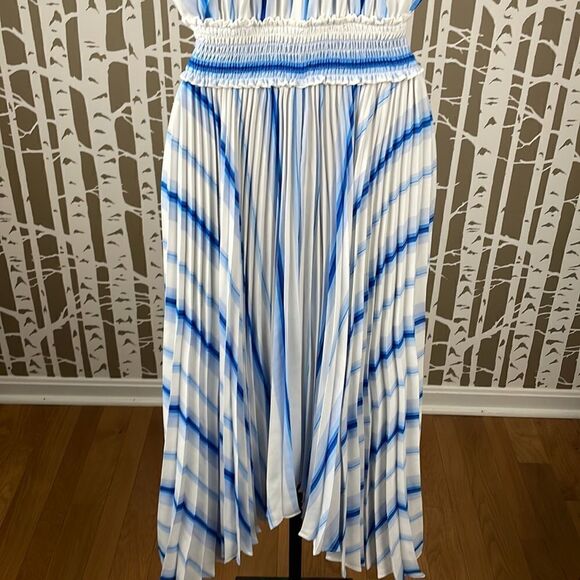 Nine West blue white accordion pleated shark bite hem high neck midi dress NEW - Picture 7 of 16